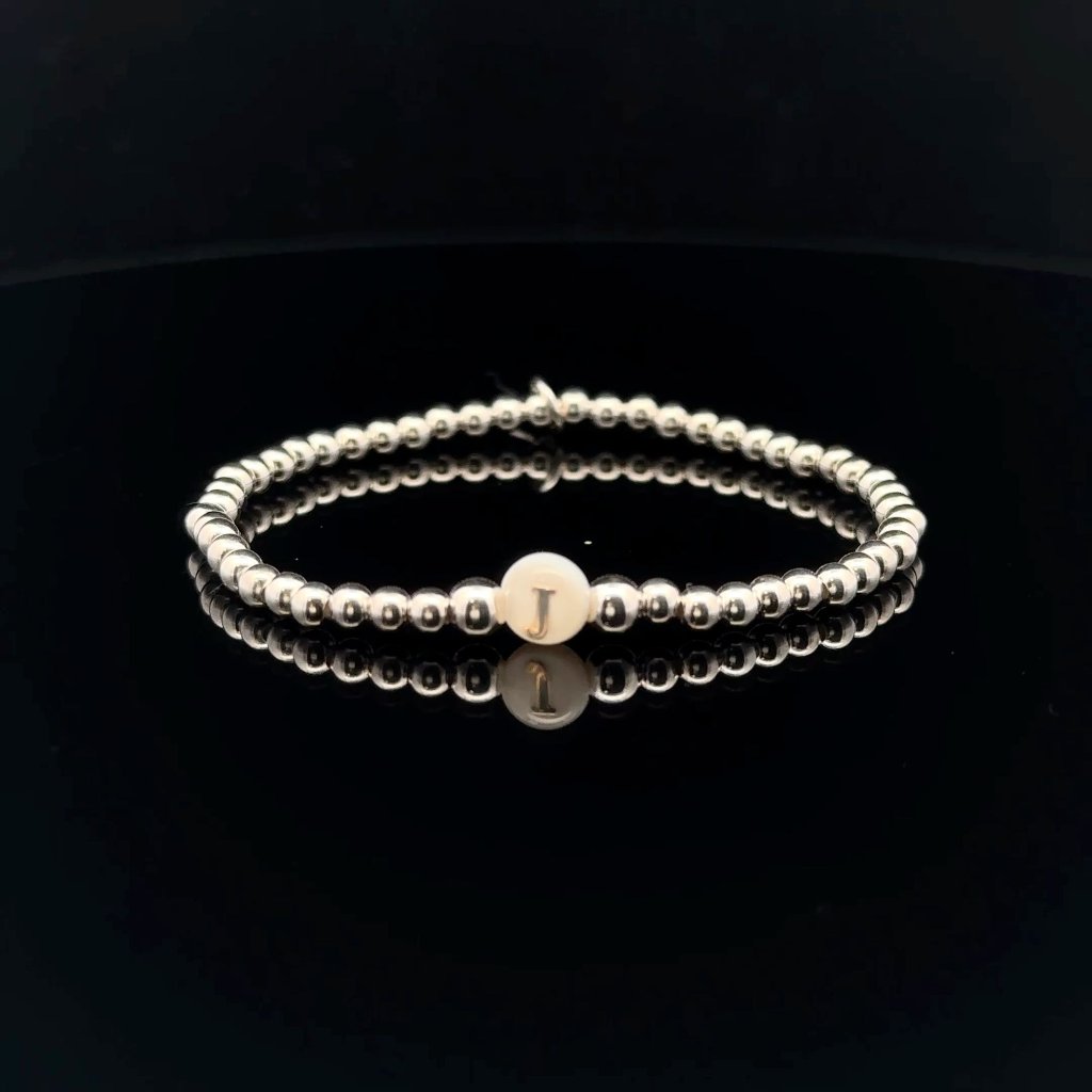 925 Sterling Silver Beaded Stretch Stacking Bracelet Mop Letter Initial J 73$